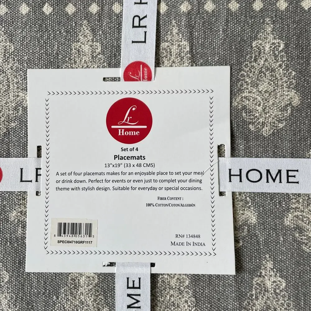 LR HOME Damask Print Placemats 13x19 Cotton Gray & Cream Set of 4 NEW
